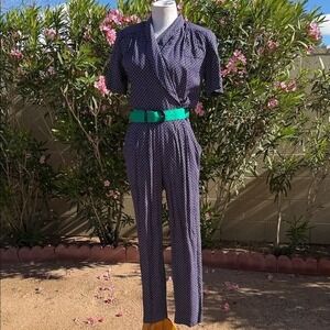 Nancy G Navy Blue White Micro Dot Print Wrap Top Jumpsuit Size 8‎ Belted